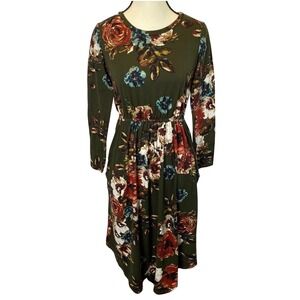 JessaKae Floral Midi Dress Womens Small Olive Green Long Sleeve Boho Autumn Y2K